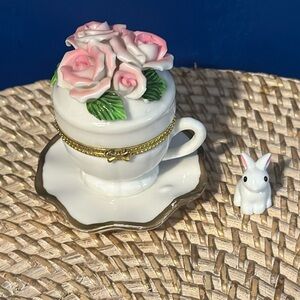 Vintage Tea Cup & Saucer Trinket Box w/ Pink Roses  Butterfly & Rabbit on Inside